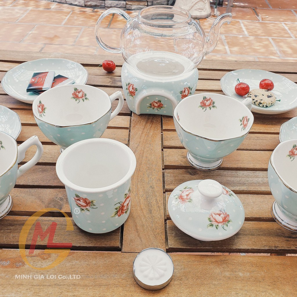 Bộ ấm trà kèm 4 tách Sứ xương Bone Porcelain (kèm đế đựng nến thuỷ tinh cao cấp) - Xanh ngọc sang trọng