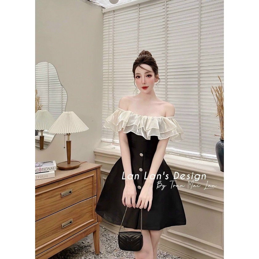 Đầm váy nữ tapda trễ vai dáng xòe dự tiệc họa tiết 2 màu phối bèo thanh lich trẻ trung tôn dáng phong cách quý cô