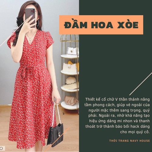 Đầm hoa xoè Navy cổ V thắt dây eo, trang phục đi dạo, đầm dạo phố