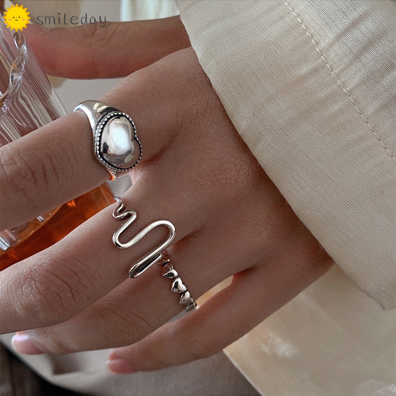 Bộ Nhẫn Bạc Gợn Sóng Hình Trái Tim Phong Cách Cổ Điển Thời Trang Cho Nữ