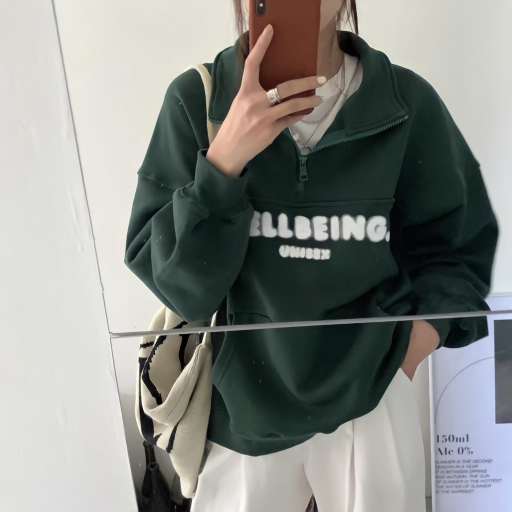 Áo Sweater Zip Unisex WELLBEING Cổ Cao Dáng Thụng 2 Màu