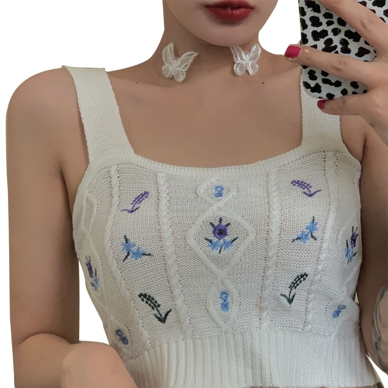 Áo Croptop Dệt Kim Không Tay Cổ Vuông Thêu Hoa Dáng Ôm Gợi Cảm Cho Nữ