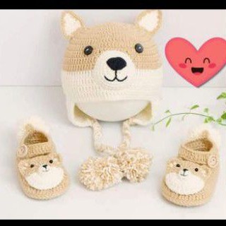 Set mũ và giày len handmade con sói cho bé
