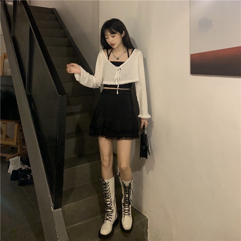 Set đồ COZOK gồm áo dây và áo khoác cardigan phối chân váy nhiều lớp thời trang cho nữ