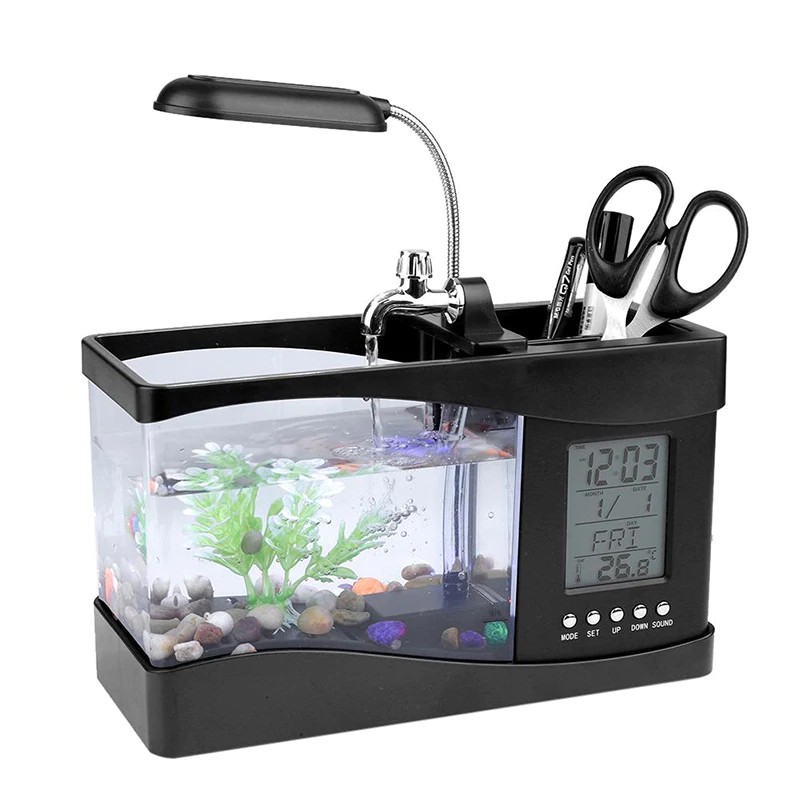 Bể cá mini để bàn kèm đồng hồ đèn LED tặng sỏi và cây trang trí