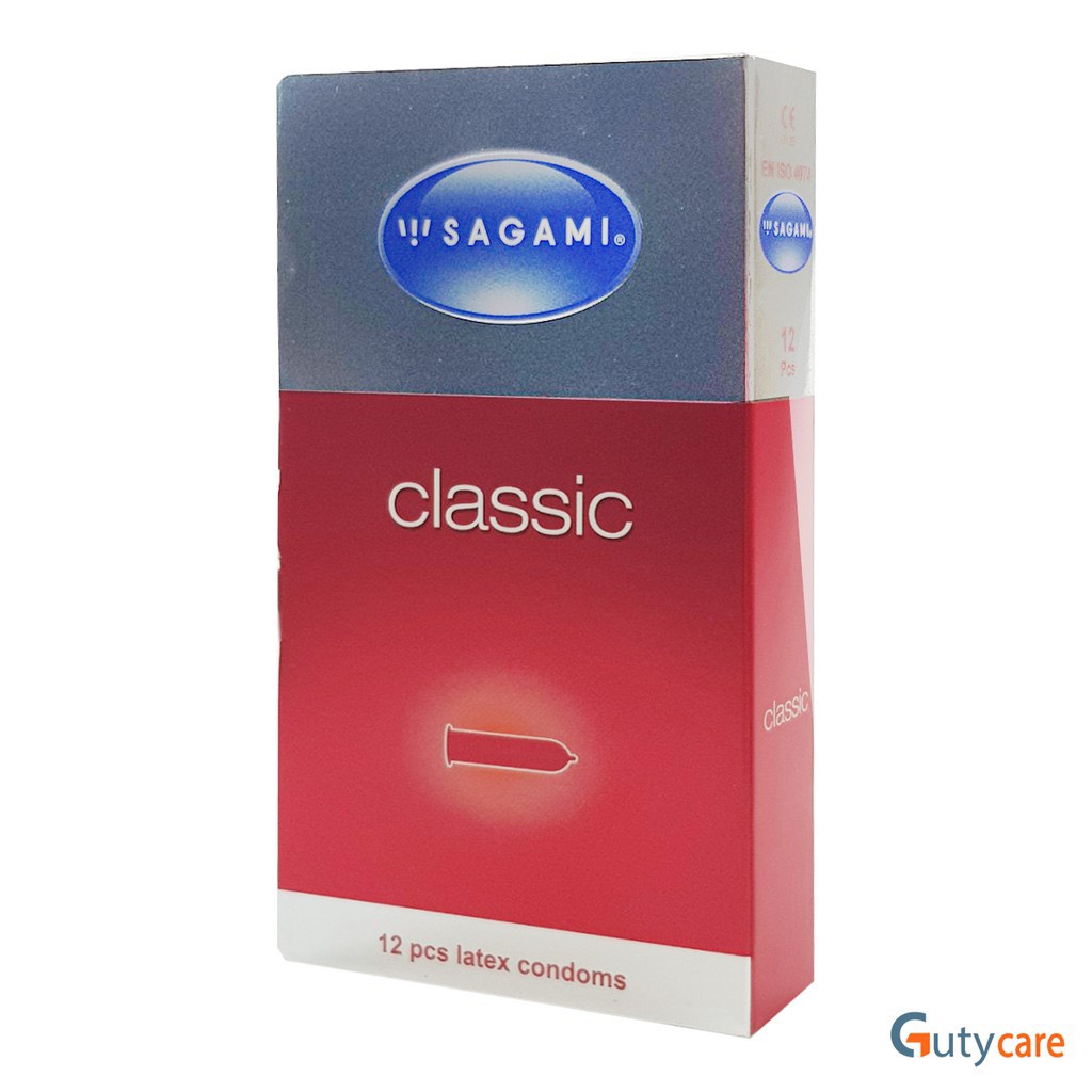 Bao cao su Sagami Classic, siêu mỏng co giãn, Kiểu truyền thống, Nhiều gel bôi trơn giúp trơn mượt, hộp 12 chiếc