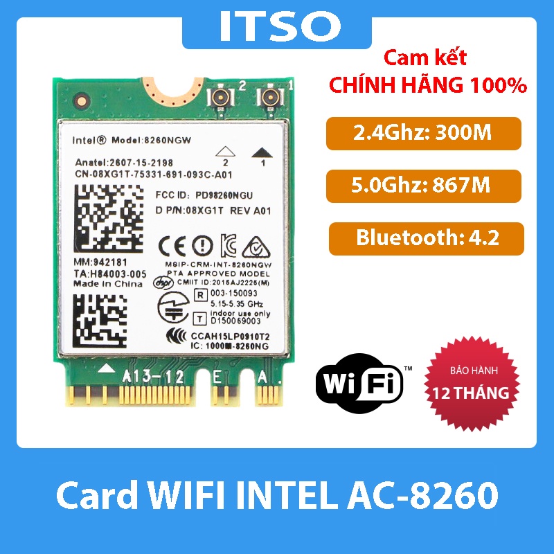 Card WIFI Intel AC7260 AC8260 AC9260 AX200 AX210 khe M2 cho laptop - Thiết bị thu wifi cho máy tính