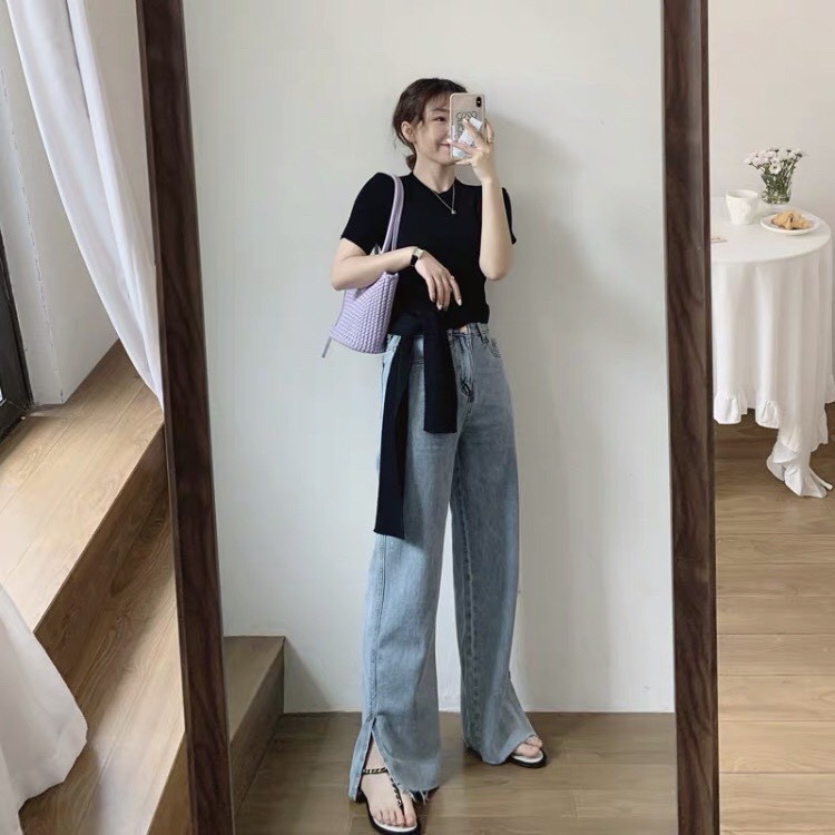 Quần jean nữ ống rộng xẻ LINE phong cách Hàn Quốc siêu HOT | BigBuy360 - bigbuy360.vn