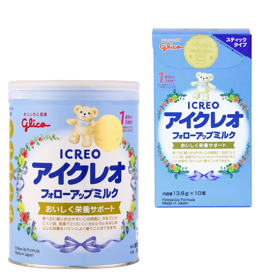 Set 1 lon sữa Glico ICREO Follow Up Milk + 1 hộp giấy 10 thanh cùng loại