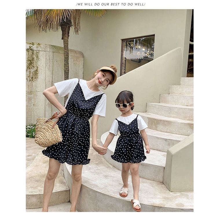 Đồ đôi mẹ con set áo phông trắng + jumpsuit voan ống rộng giả váy - 028 (Có ảnh thật)