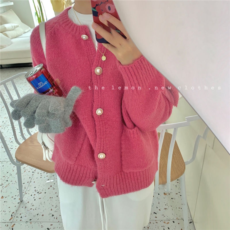 Áo khoác cardigan dệt kim cổ tròn dáng rộng màu sắc đơn giản
