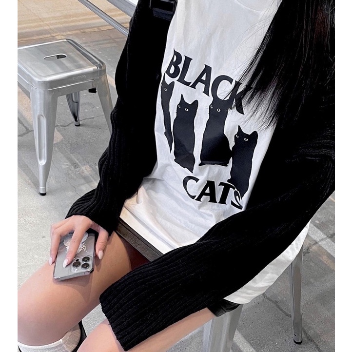 Áo thun Hàn Quốc Black Cats phong cách basic Treminal màu trắng - A036