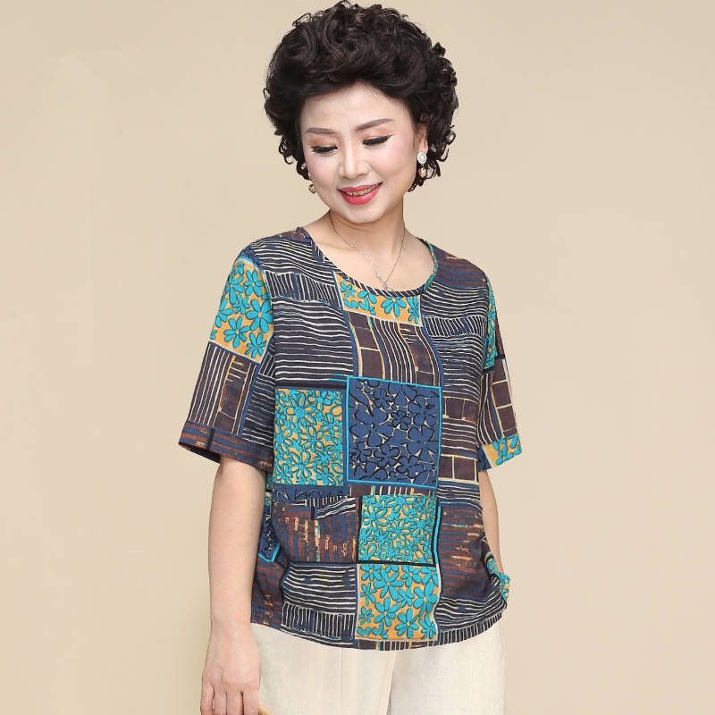 Áo thun tay ngắn dáng rộng in họa tiết thời trang cho phụ nữ trung niên