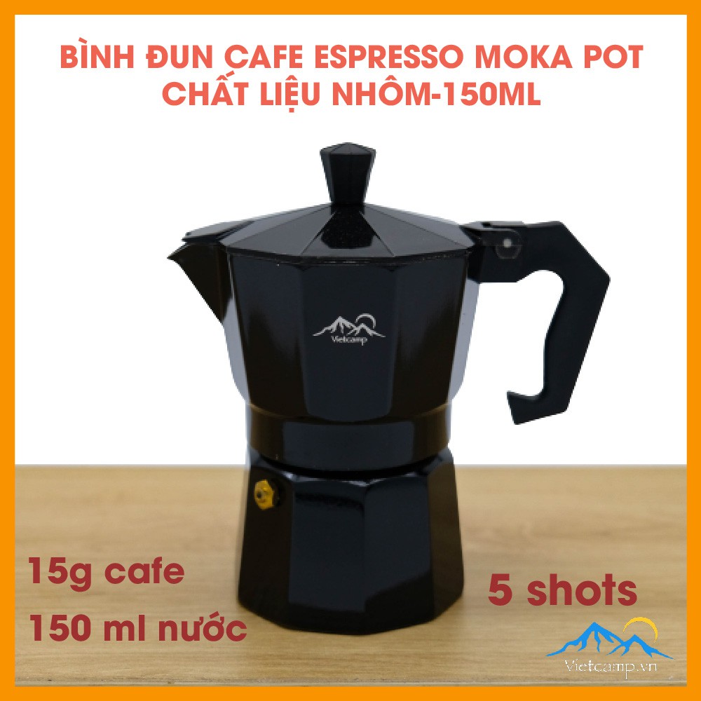 Bình đun cafe Espresso siêu tốc Moka Pot - 150 ml nước - 15 gram cafe - Màu đen - Chất liệu nhôm - Pha được 5 shot