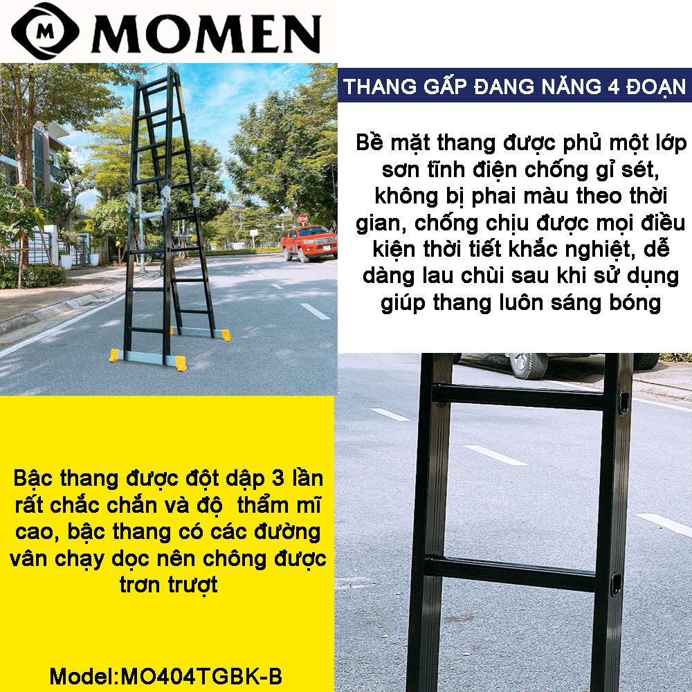 Thang nhôm gấp 4 đoạn cao cấp nhập khẩu chính hãng MOMEN MO404TGBK-B (chữ A -2 .4m, chữ I - 4.8m)