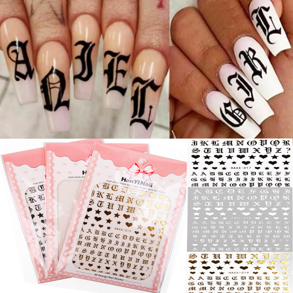 (hàng Mới Về) Set 2 Nhãn Dán Móng Tay 3d Chữ Cái Tiếng Anh Màu Trắng / Vàng Phong Cách Gothic