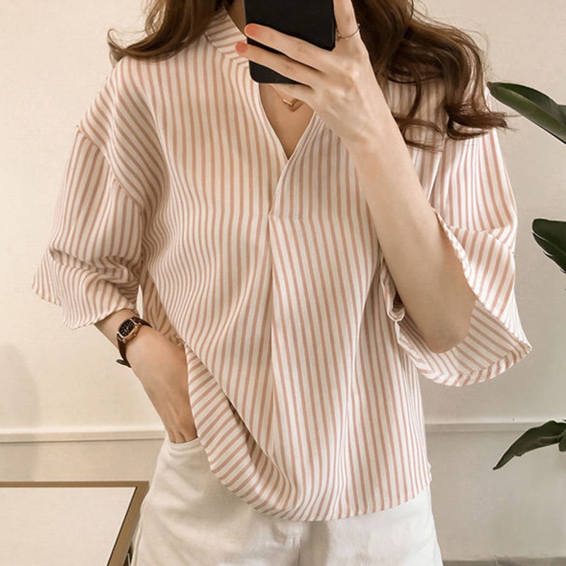 Áo Sơ Mi Tay Ngắn Sọc 175895 Áo Sơ Mi Form Rộng Cổ Chữ v Dễ Phối Đồ