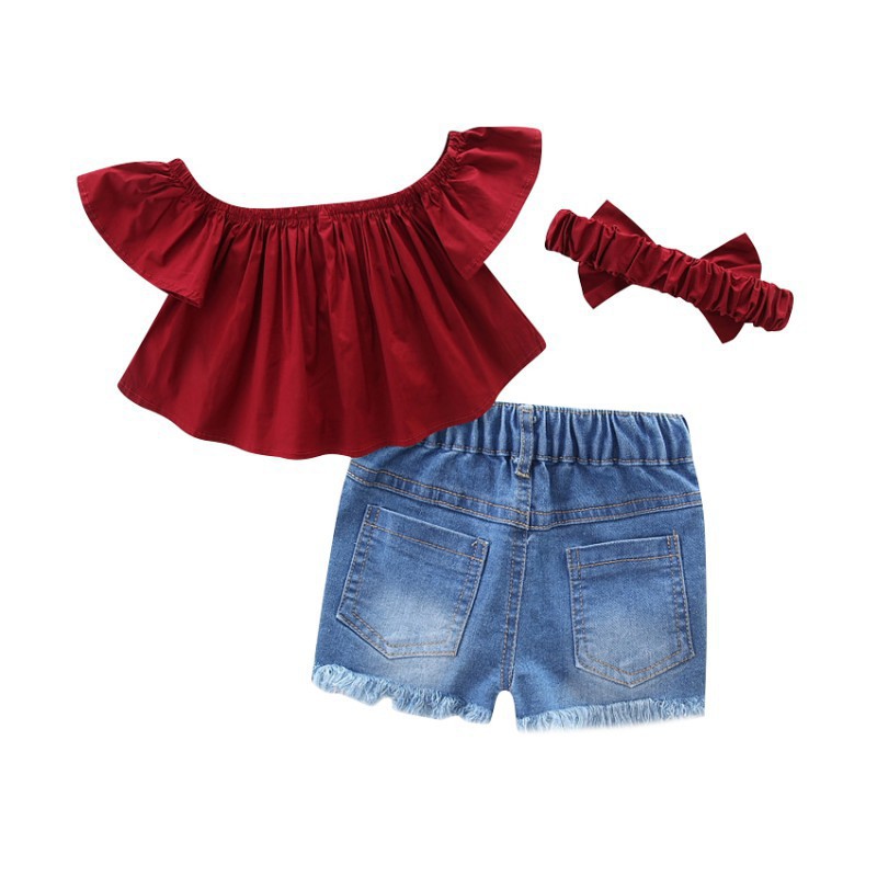 Bộ áo trễ vai kèm băng đô đính nơ chất liệu cotton và quần short dễ thương cho bé gái