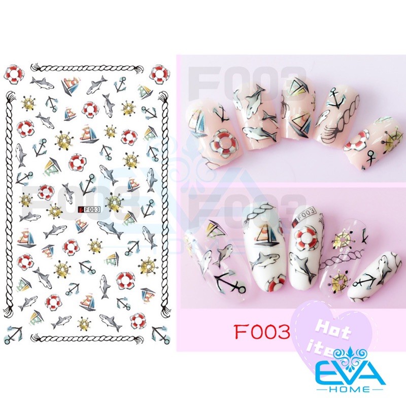 Decal Dán Móng Tay 3D Nail Sticker Tráng Trí Hoạ Tiết Cá Mập Thuyền Phao Và Mỏ Neo F003