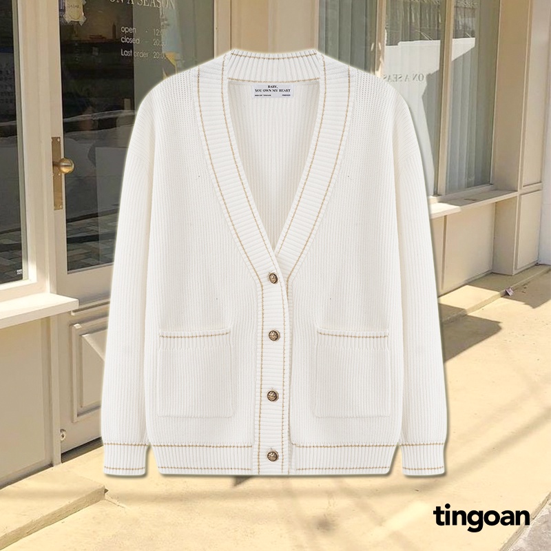 TINGOAN® - Áo len xù cardigan trắng viền kim tuyến nhũ vàng CRUSH CARDIGAN V/WH bản mới nhất năm 2022