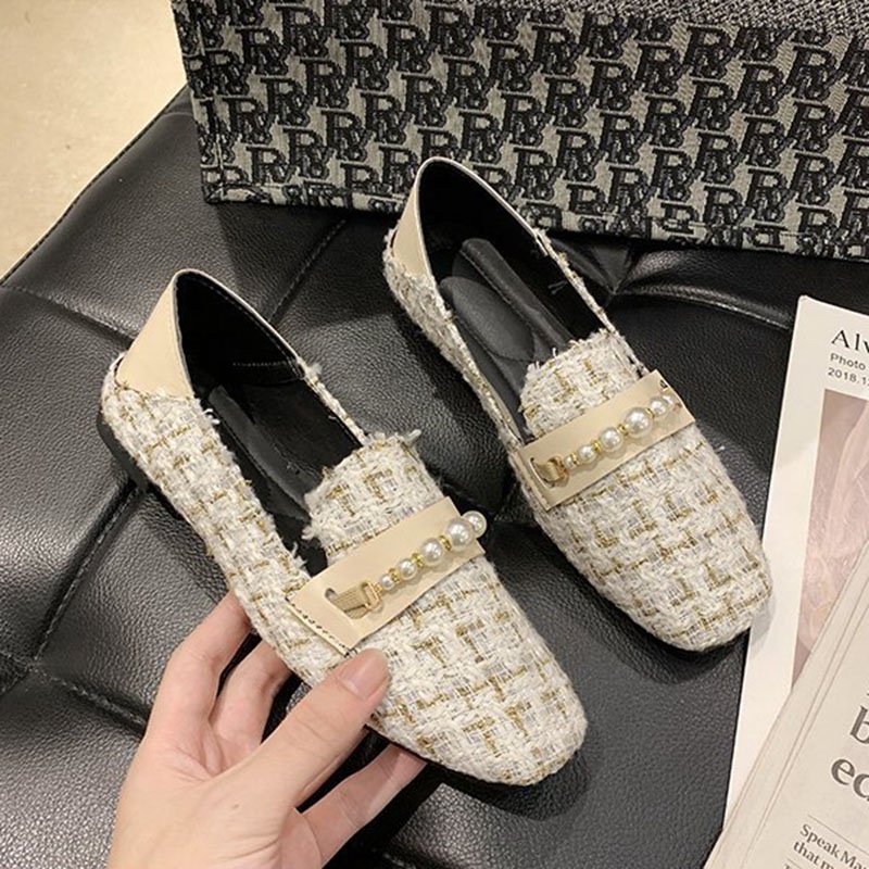 Ielgy Mùa Xuân Miệng Nông Bằng Da Lộn Mũi Vuông Đế Phẳng Đính Hạt Nhỏ Dễ Phối Đồ