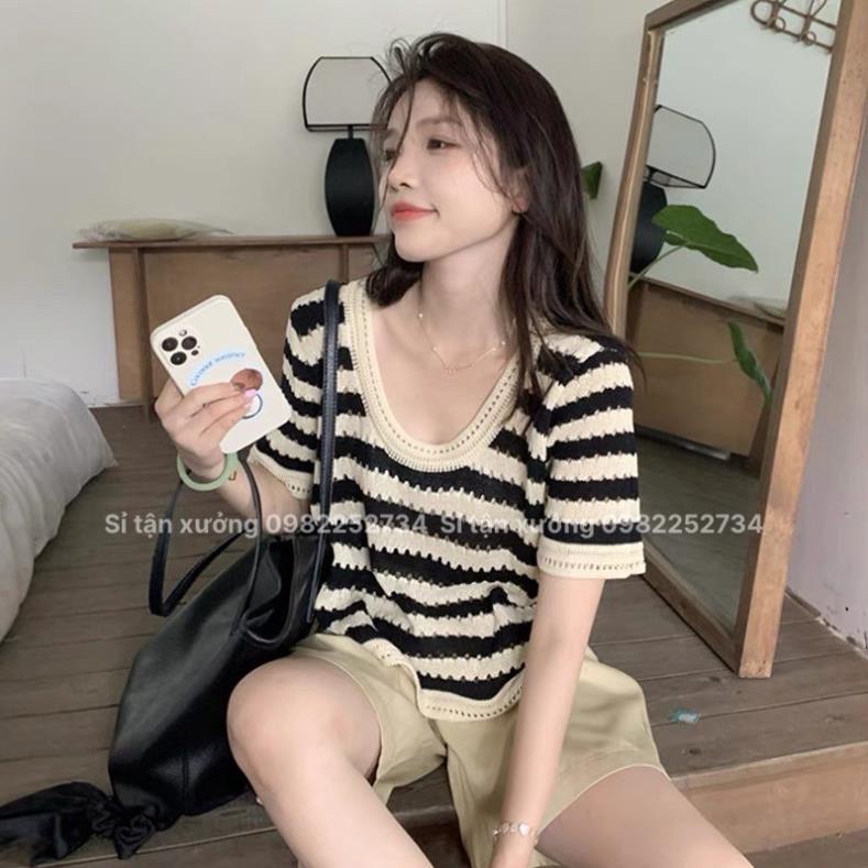 Áo dệt kim cộc tay phối kẻ ngang ulzzang mùa hè, áo len mỏng ngắn tay dáng rộng