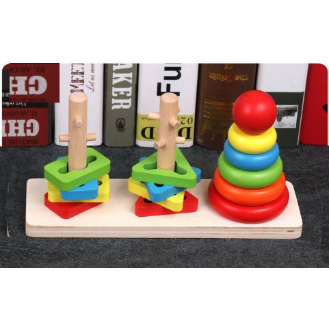 Giáo Cụ Montessori Bộ 3 Tháp Cọc Xếp Hình Nhiều Màu Bằng Gỗ Đa Năng