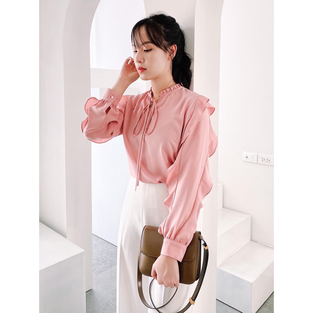 Sơ mi thiết kế- Sowmi nhún bèo đính cúc ngọc | BigBuy360 - bigbuy360.vn