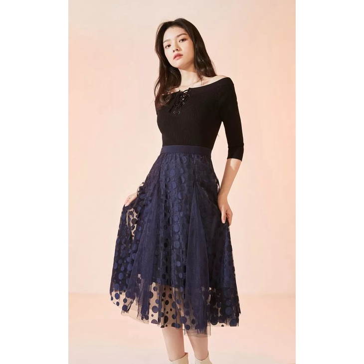Vero Moda Chân Váy Midi Xếp Tầng Đan Dây Giữa Eo Lưới Xuyên Thấu Chấm Bi Cho Nữ 32111G001