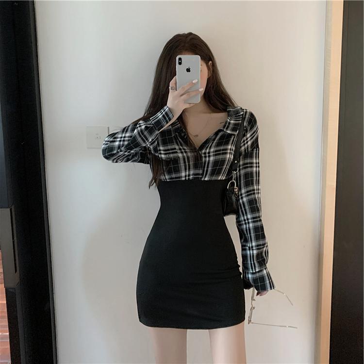 2021 autumn and winter new Korean polo collar Long Sleeve Plaid stitching with a slim waist and buttock dress for women