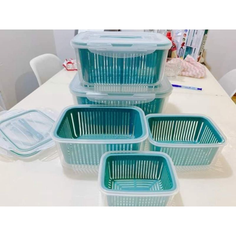Bộ 5 hộp đựng kèm rổ và nắp đậy nhựa 2 lớp - bảo quản thực phẩm rửa rau củ quả trái cây