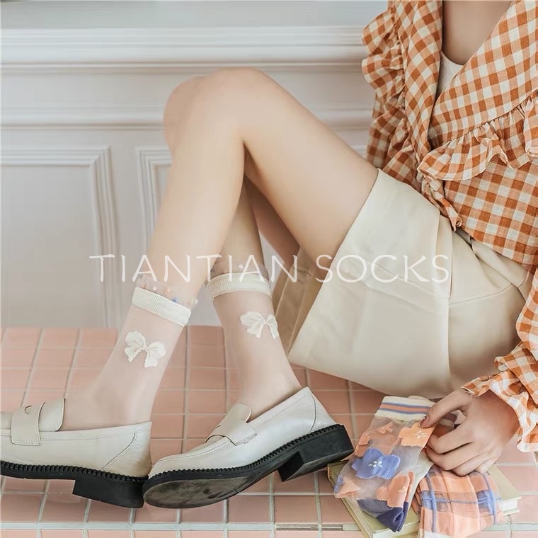 TIAN TIAN T183 Vớ Lụa Xuyên Thấu Cao Cổ Trung Bình In Họa Tiết Hoa/Bướm/Cánh Bướm Kiểu Hàn Quốc Thời Trang Xuân Hè Cho Nữ
