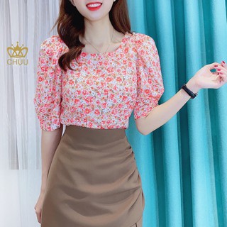 Áo kiểu công sở nữ, hoa nhí tay phồng vai đính ngọc CHUU A6936