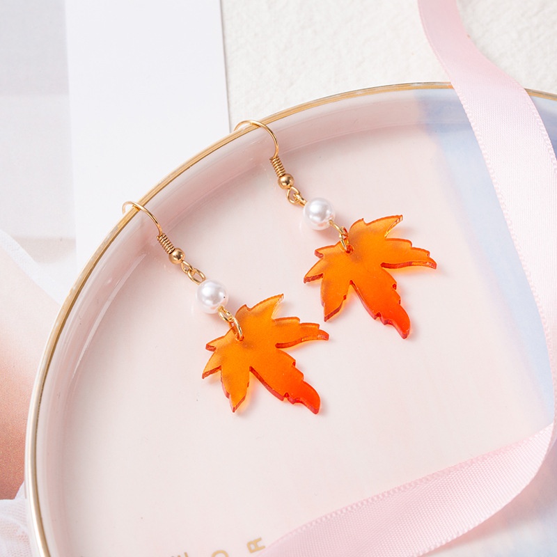 Bông Tai Hợp Kim Acrylic Hình Lá Phong Màu Hồng / Cam PD509 Thời Trang Cho Nữ