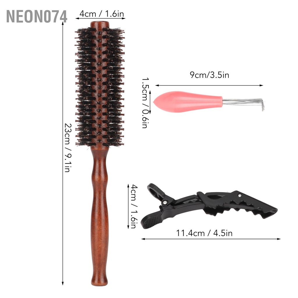 Neon074 Bàn chải tròn Wodden lông Bộ bàn tóc Thổi khô vịt kẹp mỏ