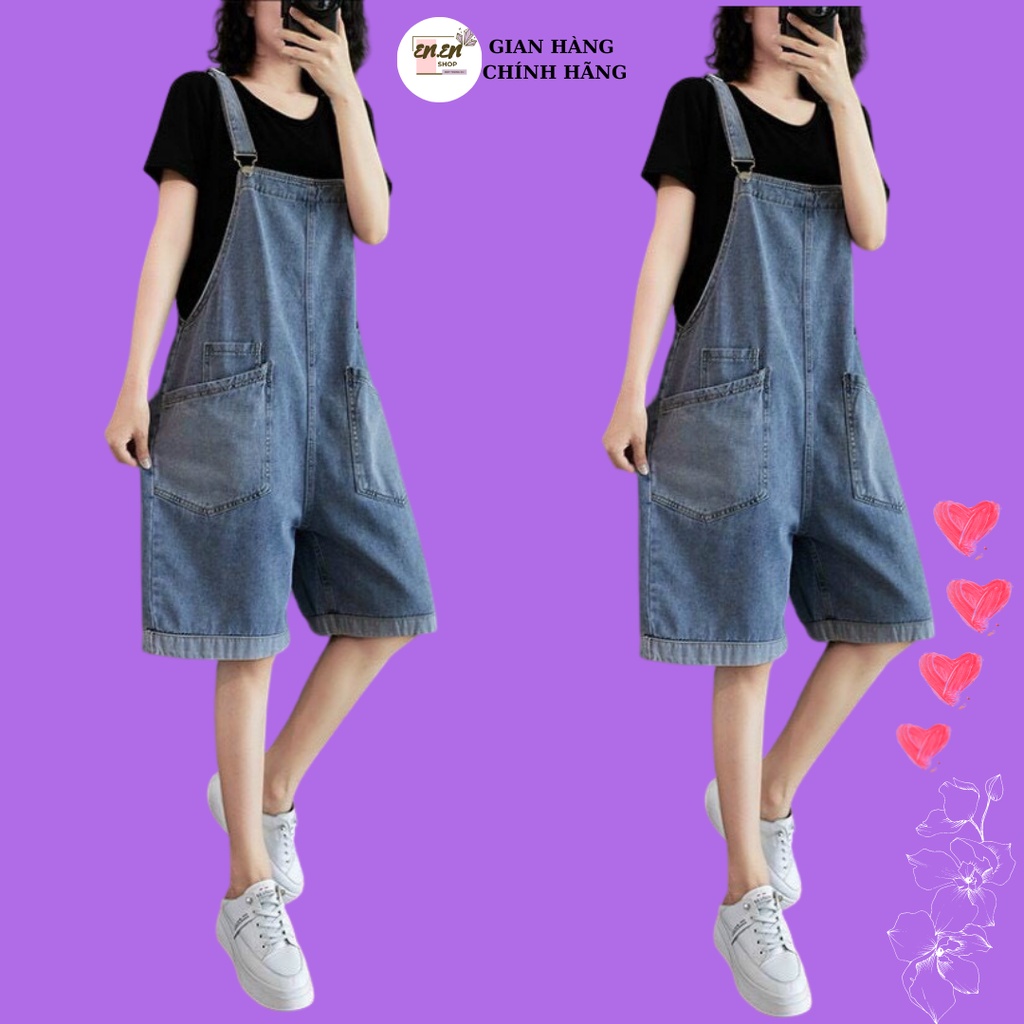 Quần yếm jean lửng rộng ống suông, quần yếm bò jeans kiểu hàn quốc.
