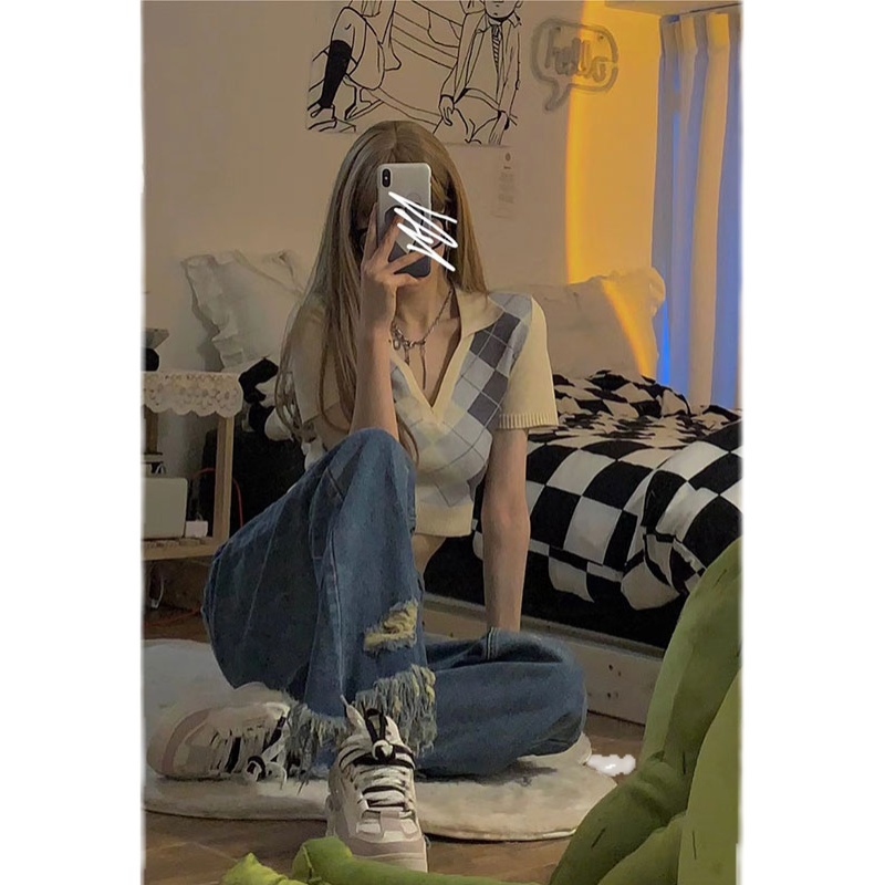 QADCOL   Áo Len Tay Ngắn Cổ Chữ V Đính Đá Phong Cách Thời Trang Hàn Quốc Cho Nữ