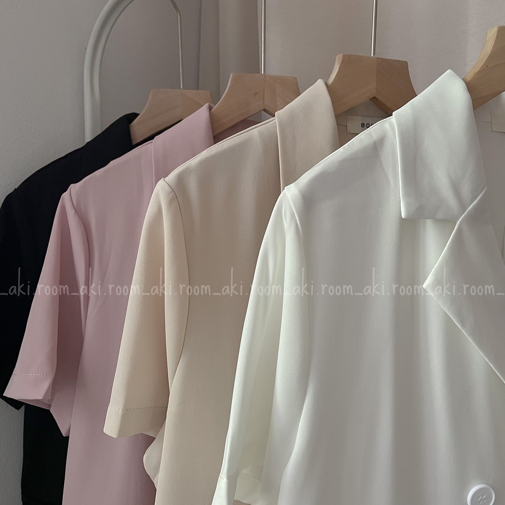 Áo blazer cộc tay một lớp bốn khuy form rộng vừa hai nắp túi giả 2216