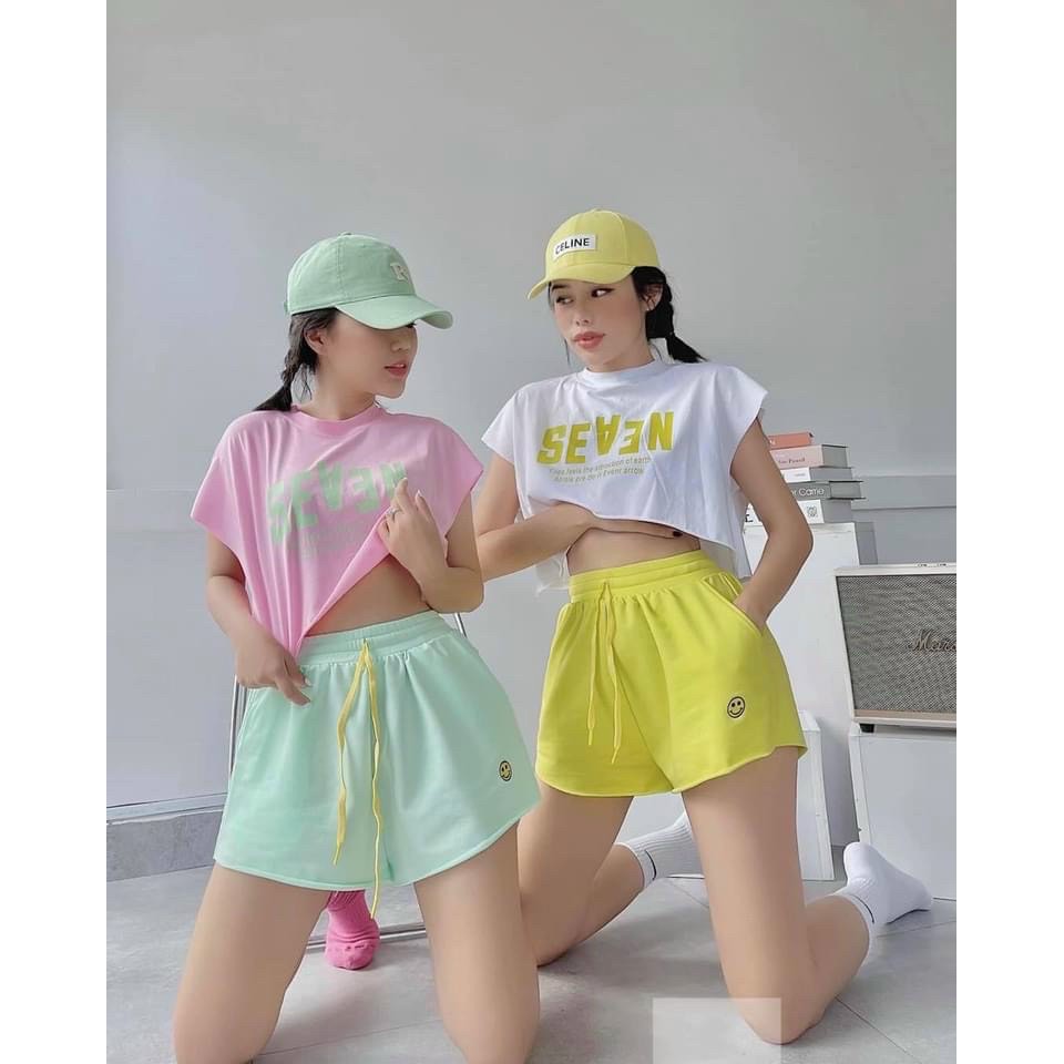 Set bộ đùi tank top croptop mặt cười áo in chữ kiểu năng động UT42