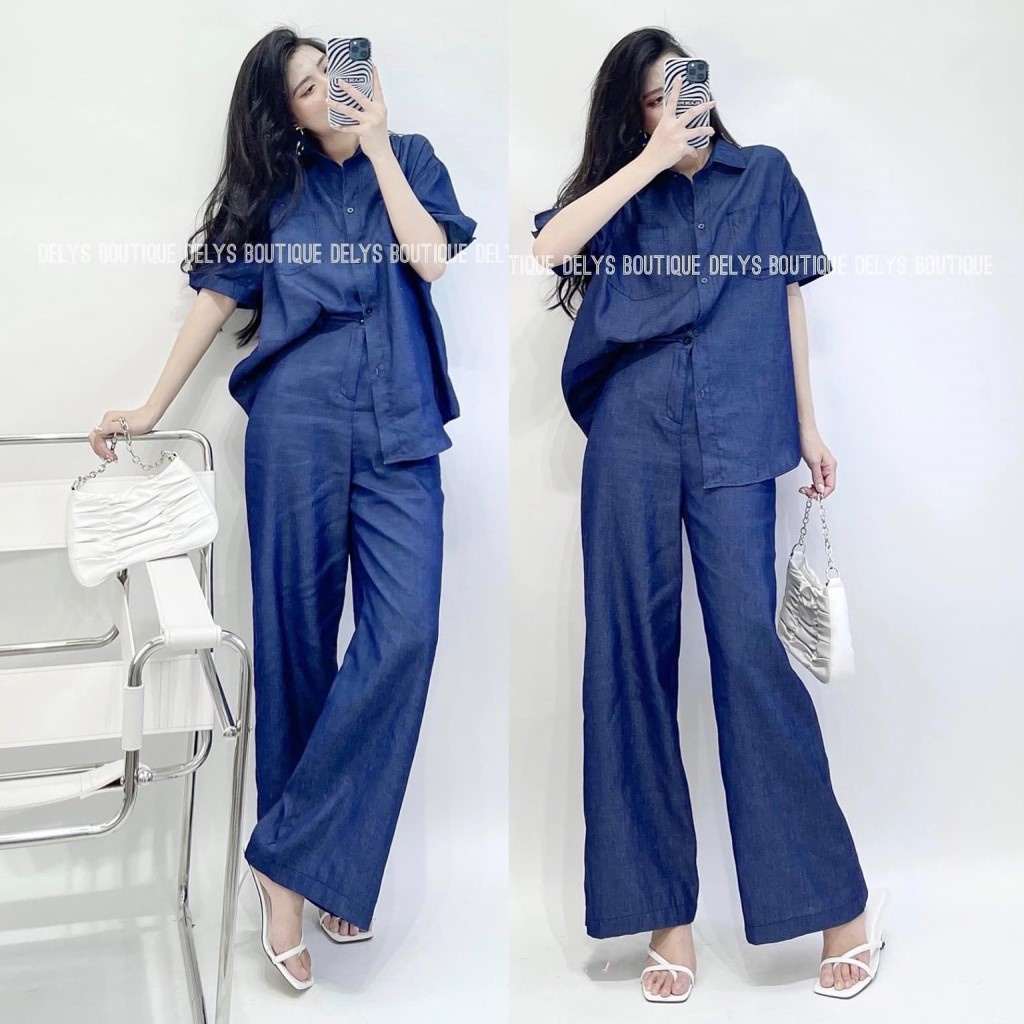 Set sơ mi quần bò xanh Delys sơ mi dáng suông & quần suông ống rộng