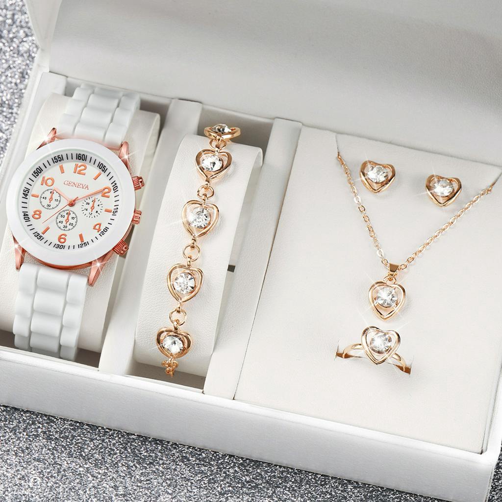 Set 6 Đồng Hồ quartz Điện Tử Ba Mắt + Trang Sức Kim Cương Trái Tim Bằng silicone Thời Trang Cho Nữ