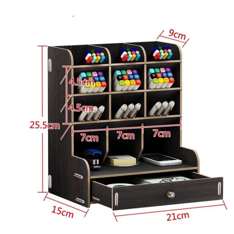 Kệ Gỗ Đựng Bút 9 Ngăn Có Ngăn Kéo Tiện Lợi