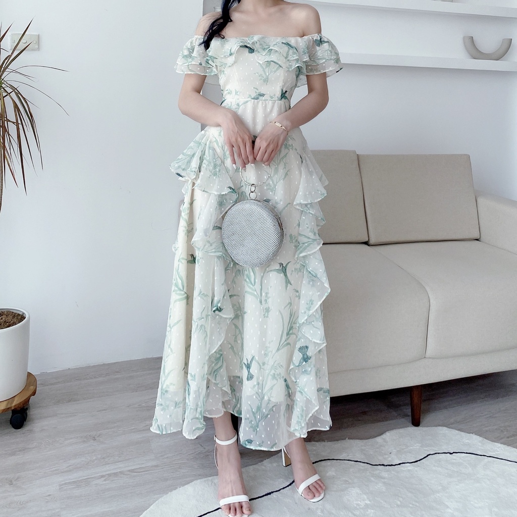 Đầm váy maxi trễ vai bèo nhún họa tiết Hạc cổ điển tiểu thư V1192 KYMIE