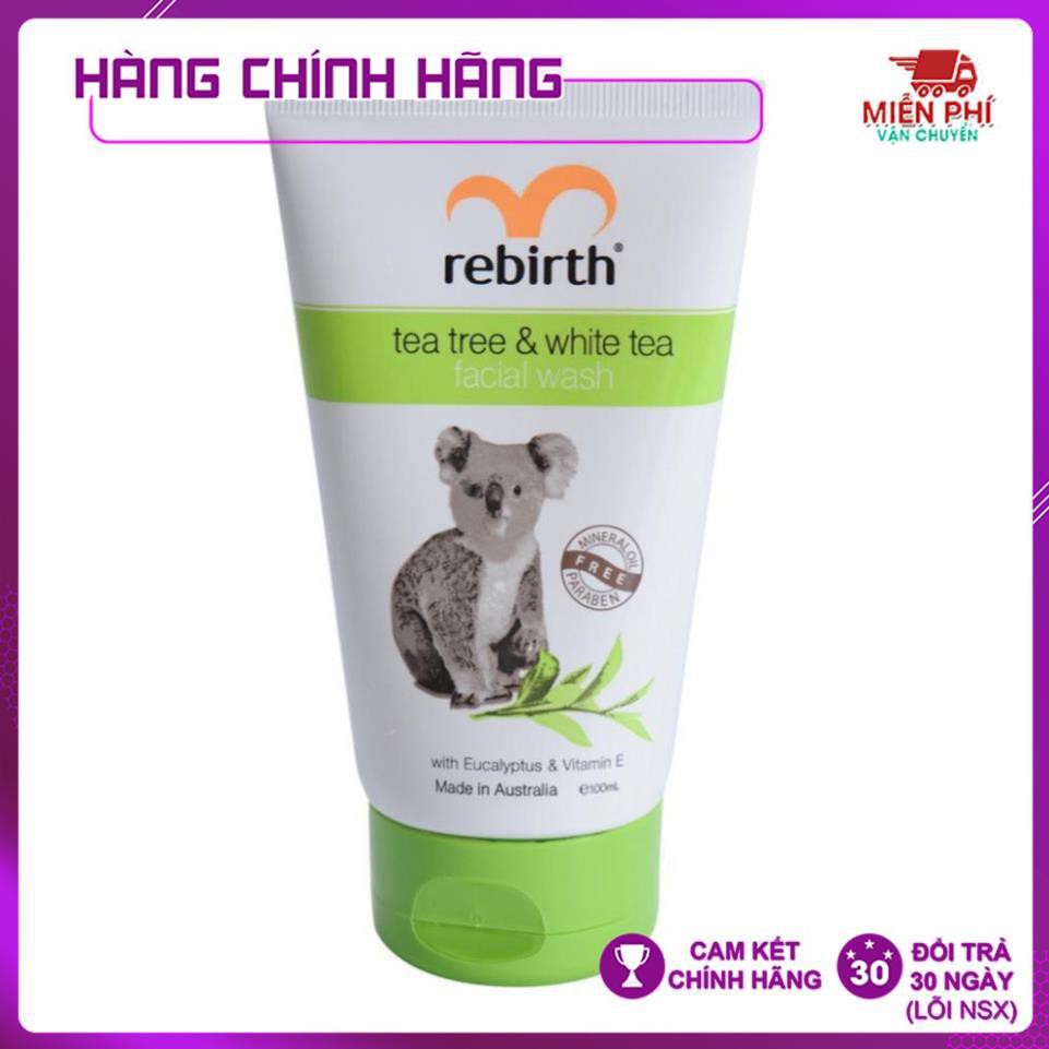 Sữa rửa mặt, gel rửa mặt cho da dầu, tinh chất trà xanh và trà trắng Rebirth - 100ml - Nhập Khẩu Úc, Ngăn Ngừa Mụn