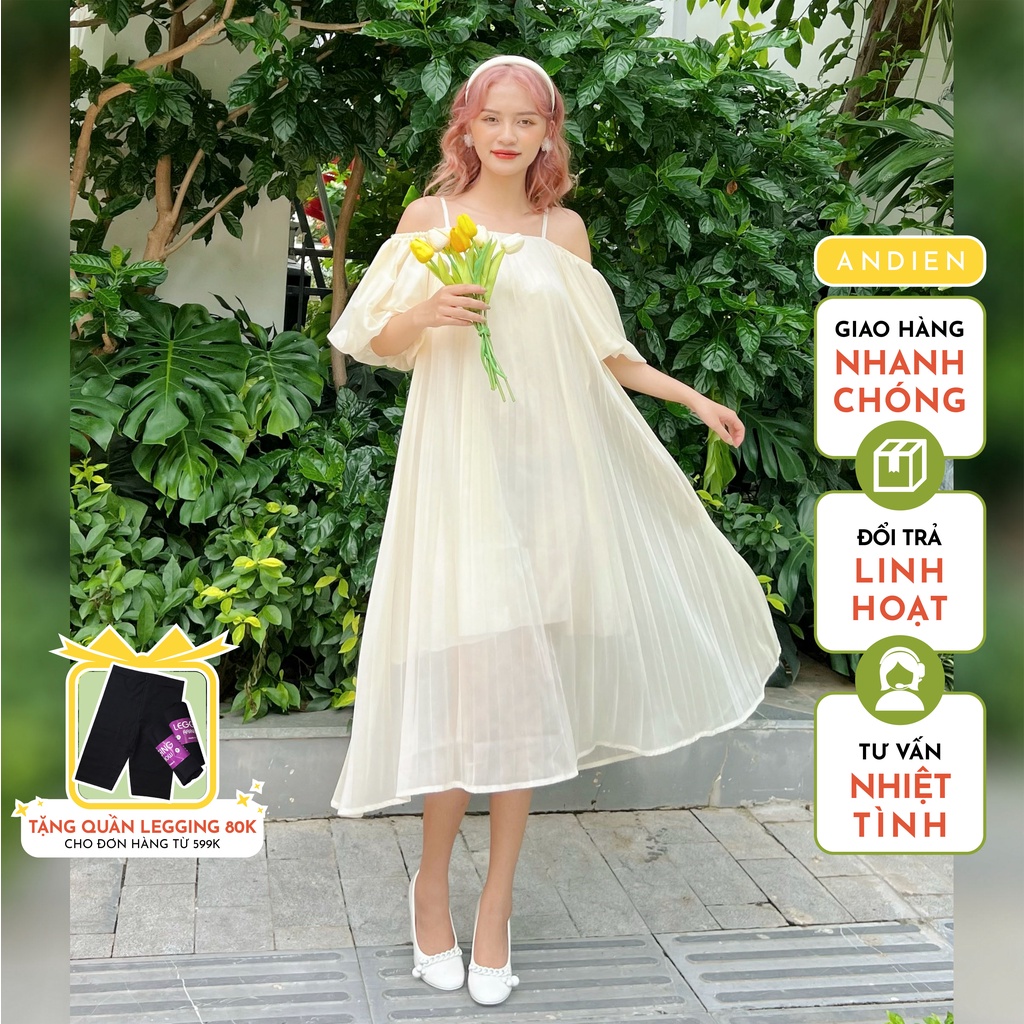 Váy maxi dài trễ vai có dây tay phồng voan tơ ANDIEN công chúa nữ tính - HM019