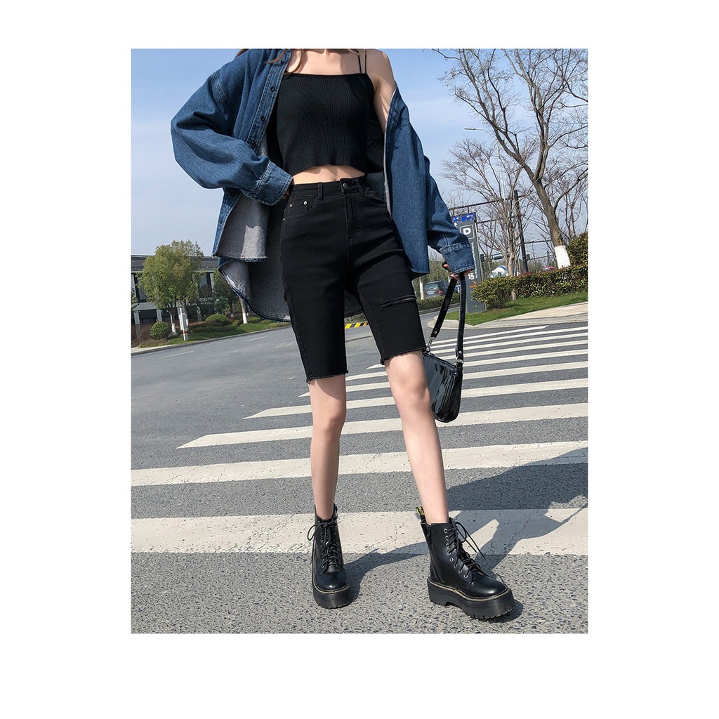 QUẦN JEAN NGỐ SKINNY NỮ GIÃN LỬNG NỮ LƯNG CAO RÁCH ĐÙI TRÁI MÀU ĐEN LAI TUA CAO CẤP NITI2 ĐỦ SIZE S, M, L CHẤT BÒ GIÃN