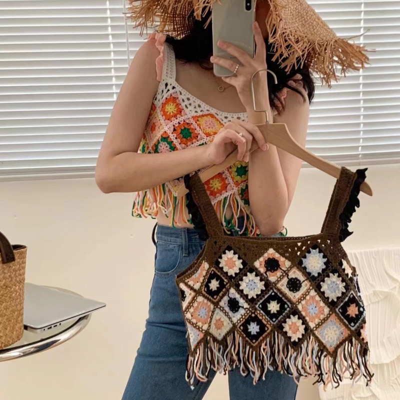 Xiangbao Áo Crop Top Dệt Kim Đan Móc Hình Học Tua Rua Màu Cầu Vồng Thích Hợp Đi Biển