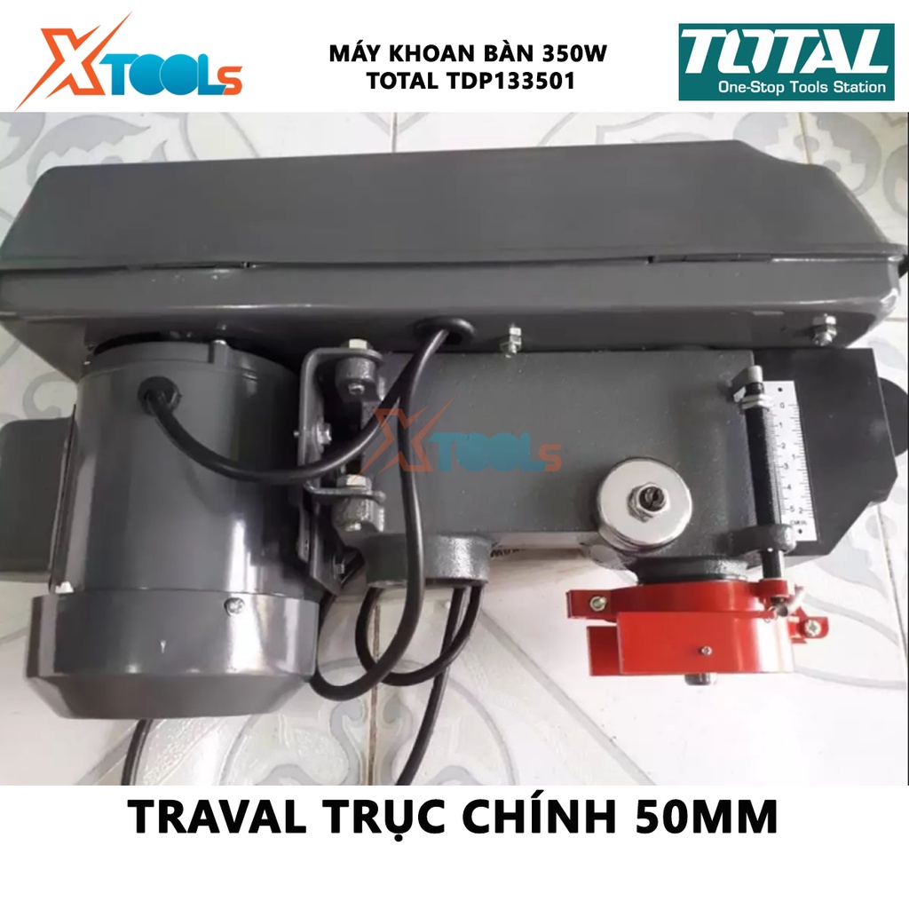 Máy khoan bàn Total TDP133501 công suất 350w, tùy chỉnh chỉnh độ cao, tốc độ 580-2650v/p; khả năng khoan 13mm; đường kín