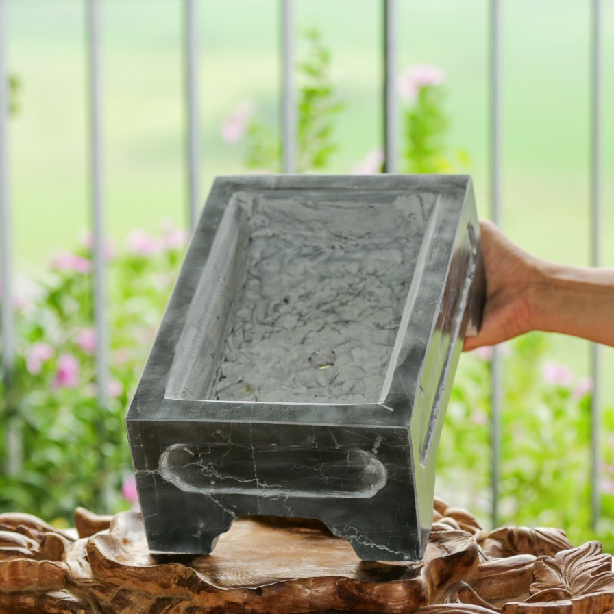 Chậu trồng bonsai mini đá xanh đen nguyên khối đục khuôn tranh bằng tay 4 mặt, KT: 30x20x12