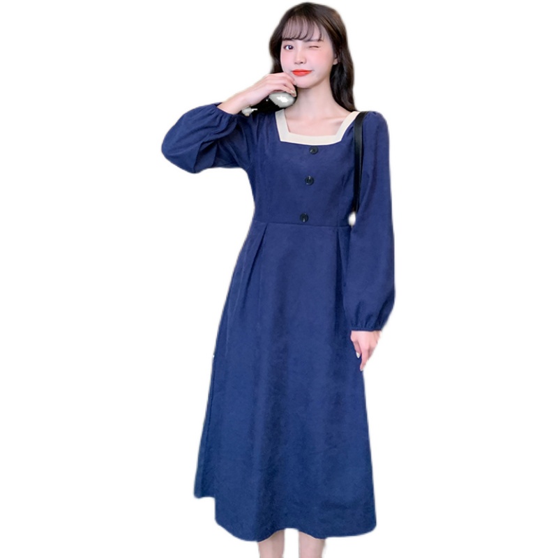 Đầm Nhung Kẻ Cổ Vuông Dáng Ôm Phong Cách Retro Thời Trang Hàn Quốc Cho Nữ
